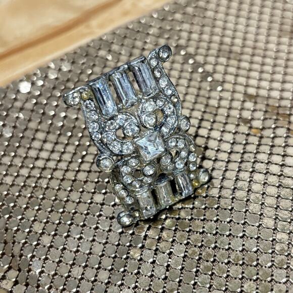 Vintage Whiting & Davis gold metal mesh clutch purse white rhinestones clasp - Picture 9 of 12